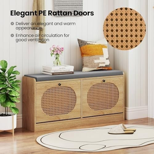 Rattan Shoe Bench with Cushion 2-Door Storage Cabinet Adjustable Shelves Unit