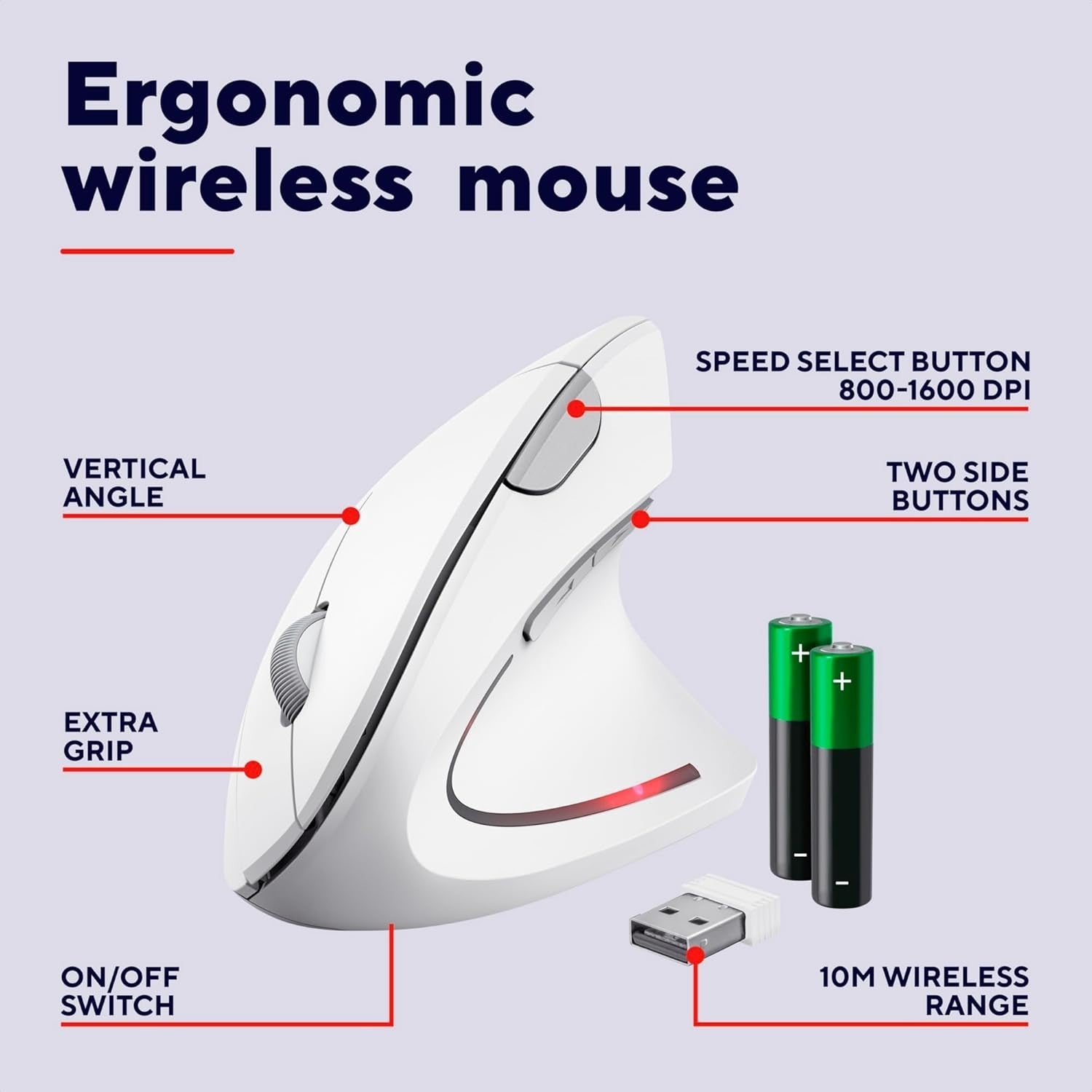 Vertical Ergonomic Wireless Mouse 6 Button 1600 DPI USB White