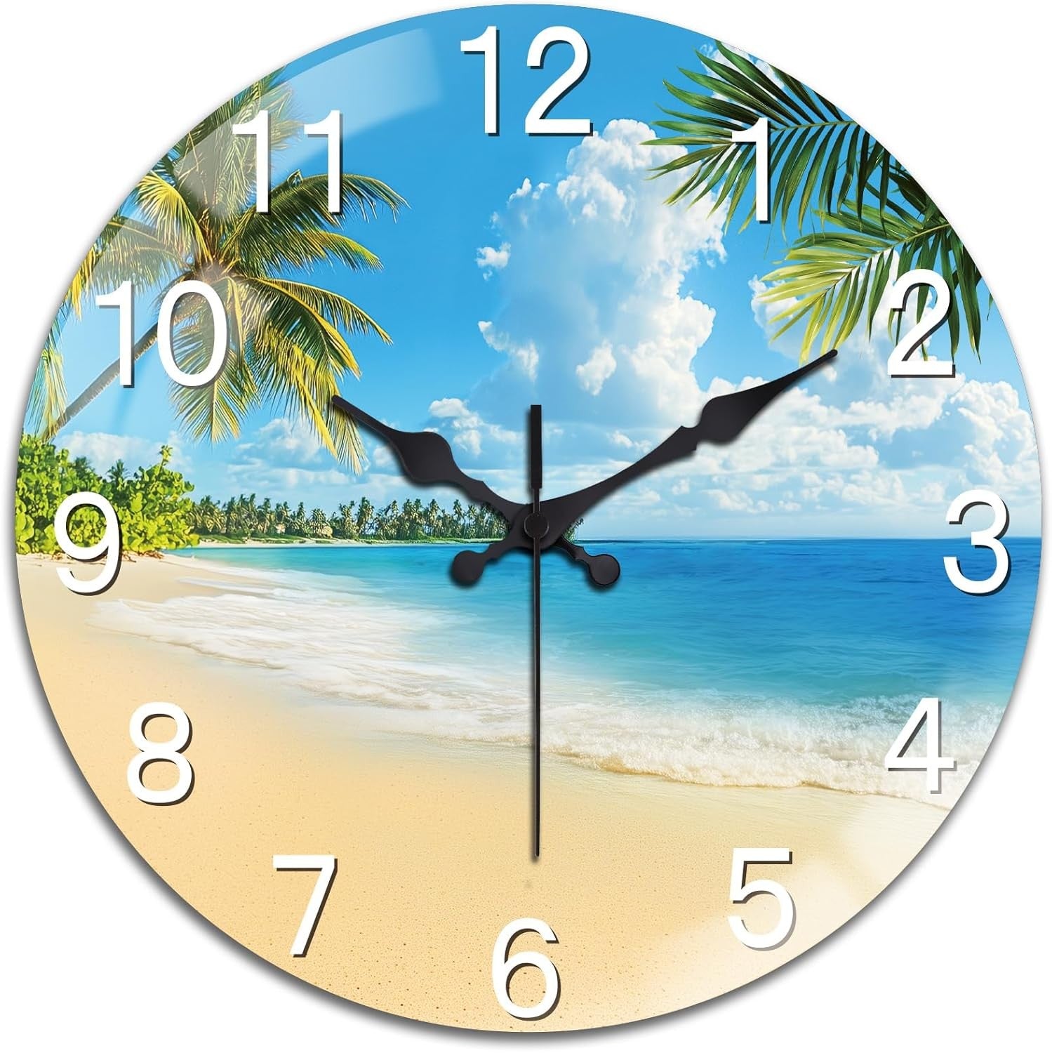30cm Ocean Beach Wall Clock – Silent Non-Ticking Glass Art Coastal Design