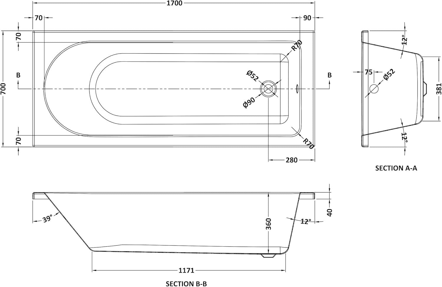 Modern White Gloss Single Ended Acrylic Bath 1700x700mm Curved Bathtub