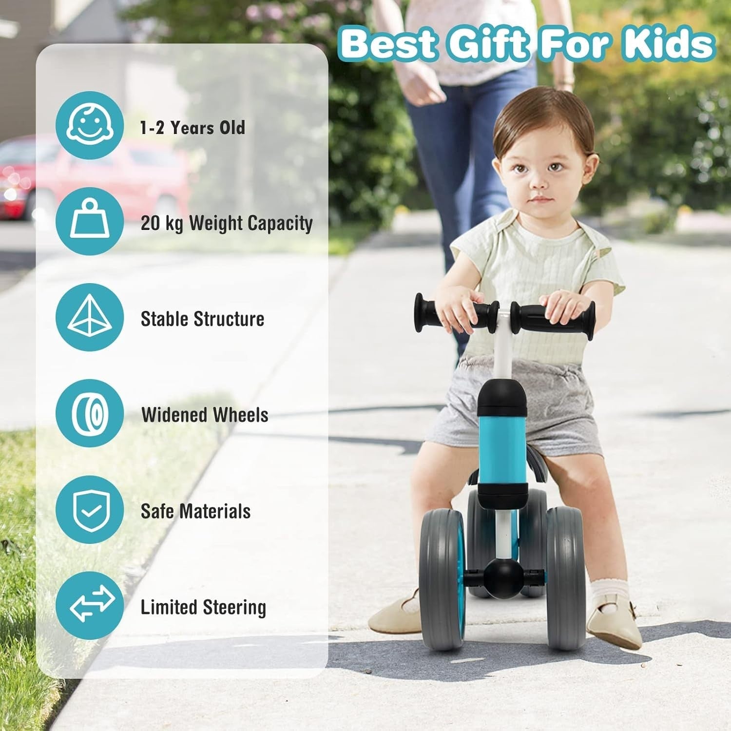 Baby Balance Bike 4 Wheel Toddler Walker Ride On No Pedal Age 1-2 Blue
