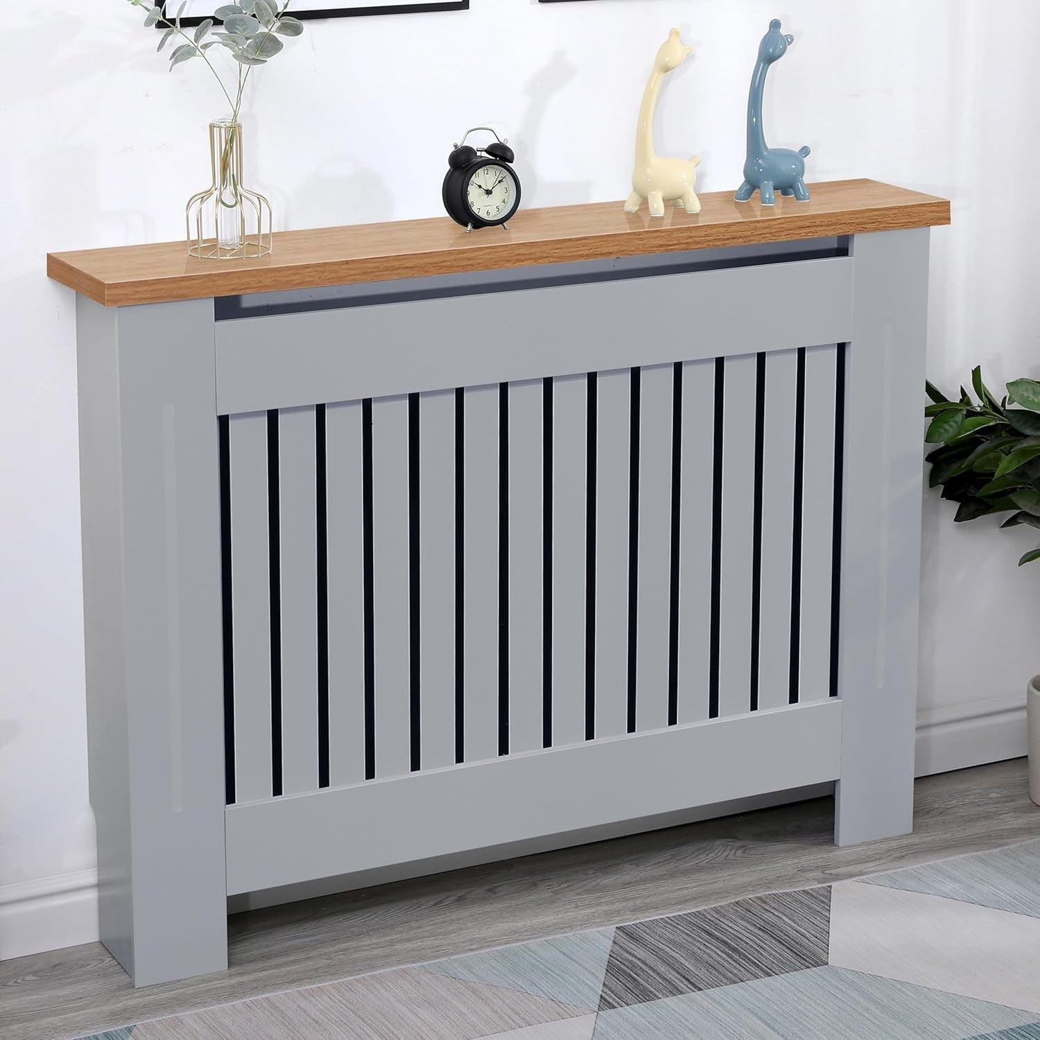 Modern Radiator Cover Medium Grey Oak Top | MDF Slatted Heating Cabinet Shelf