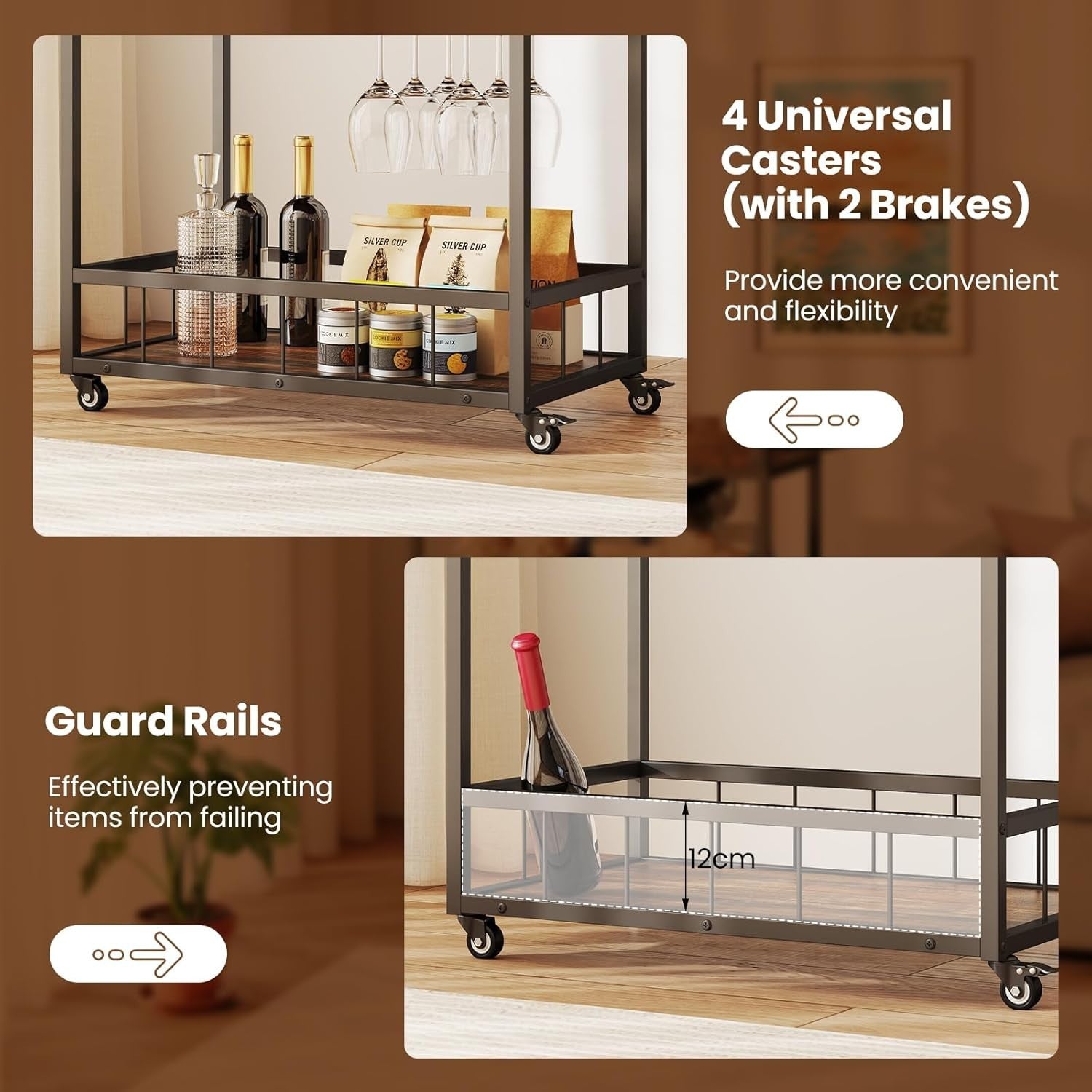 Industrial 3 Tier Bar Cart Wine Rack Glass Holder Trolley