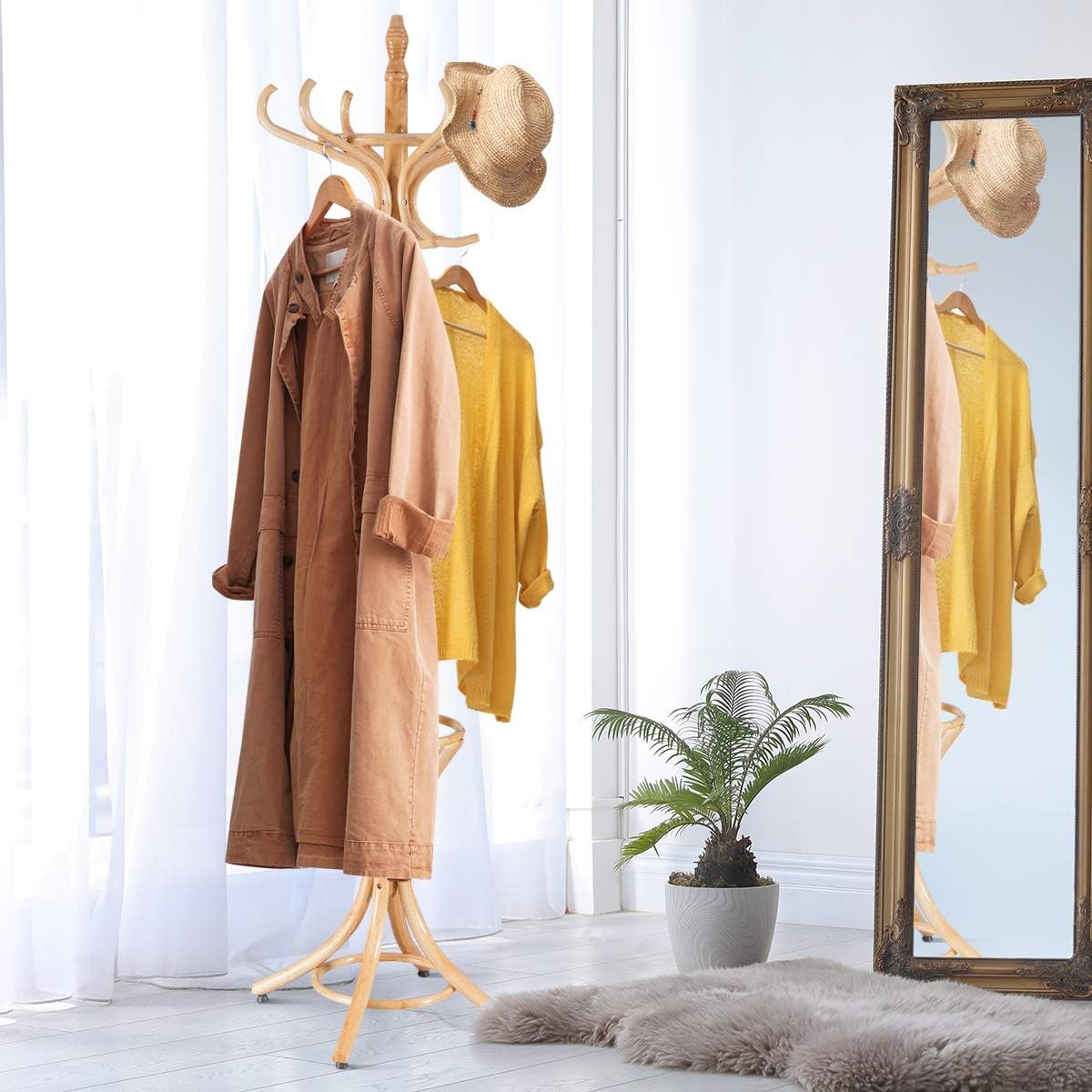 Multigot Coat Rack, Wooden Hat Clothes Hall Tree Hanger with Umbrella Holder and