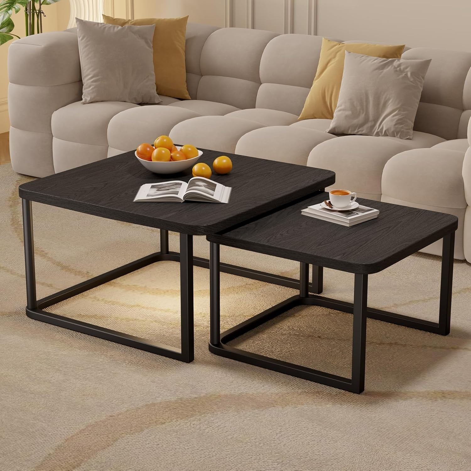 Square Nesting Coffee Tables Set of 2, Wood Grain Tops & Metal Frame, Space