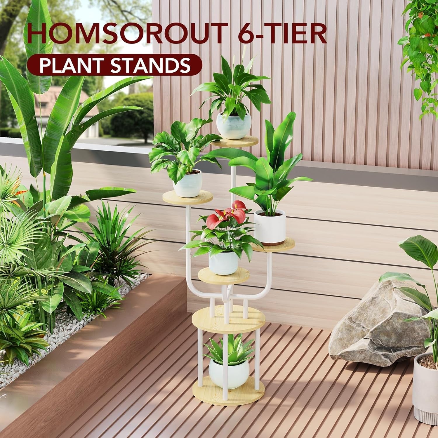6 Tier Metal Wood Plant Stand White with Grow Light Indoor Corner Shelf Rack