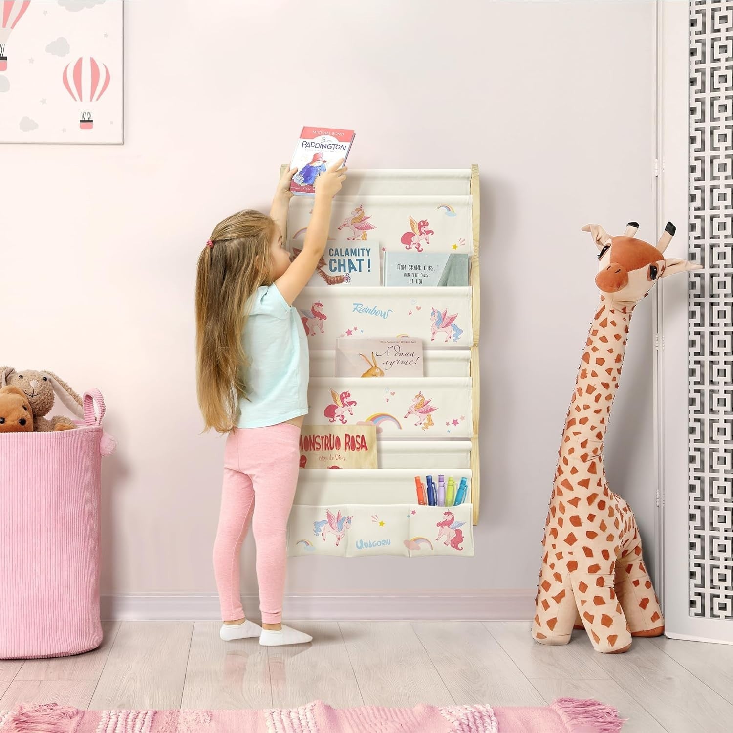 Kids Wall Mounted Bookshelf 4 Tier Floating Shelf with Pockets – Unicorn