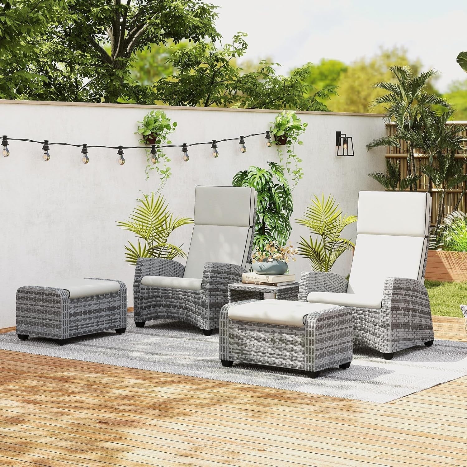 5 Piece Rattan Garden Furniture Set Recliner Chairs Footstools Table Cushions