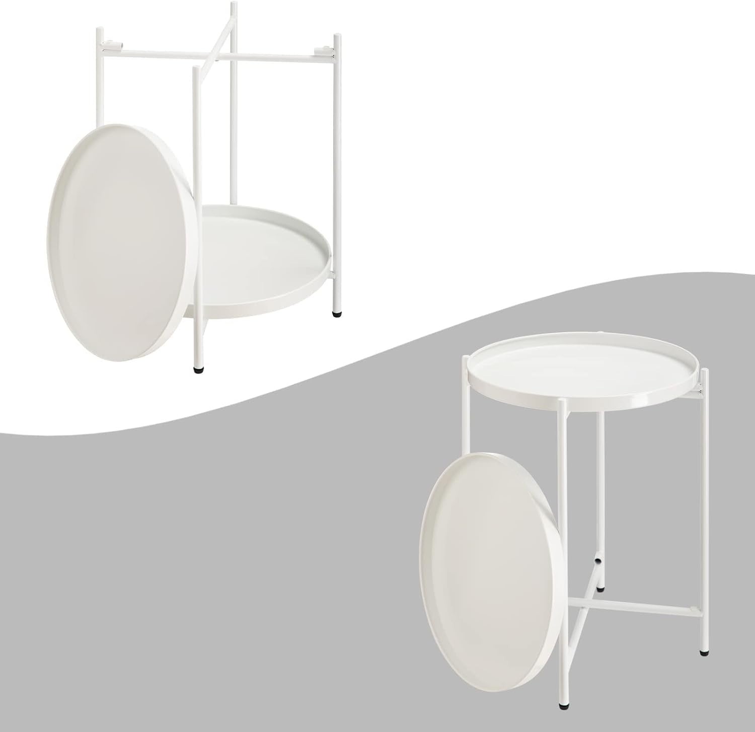 Small Round Metal Side Table 2-Tier Coffee Table Removable Tray White