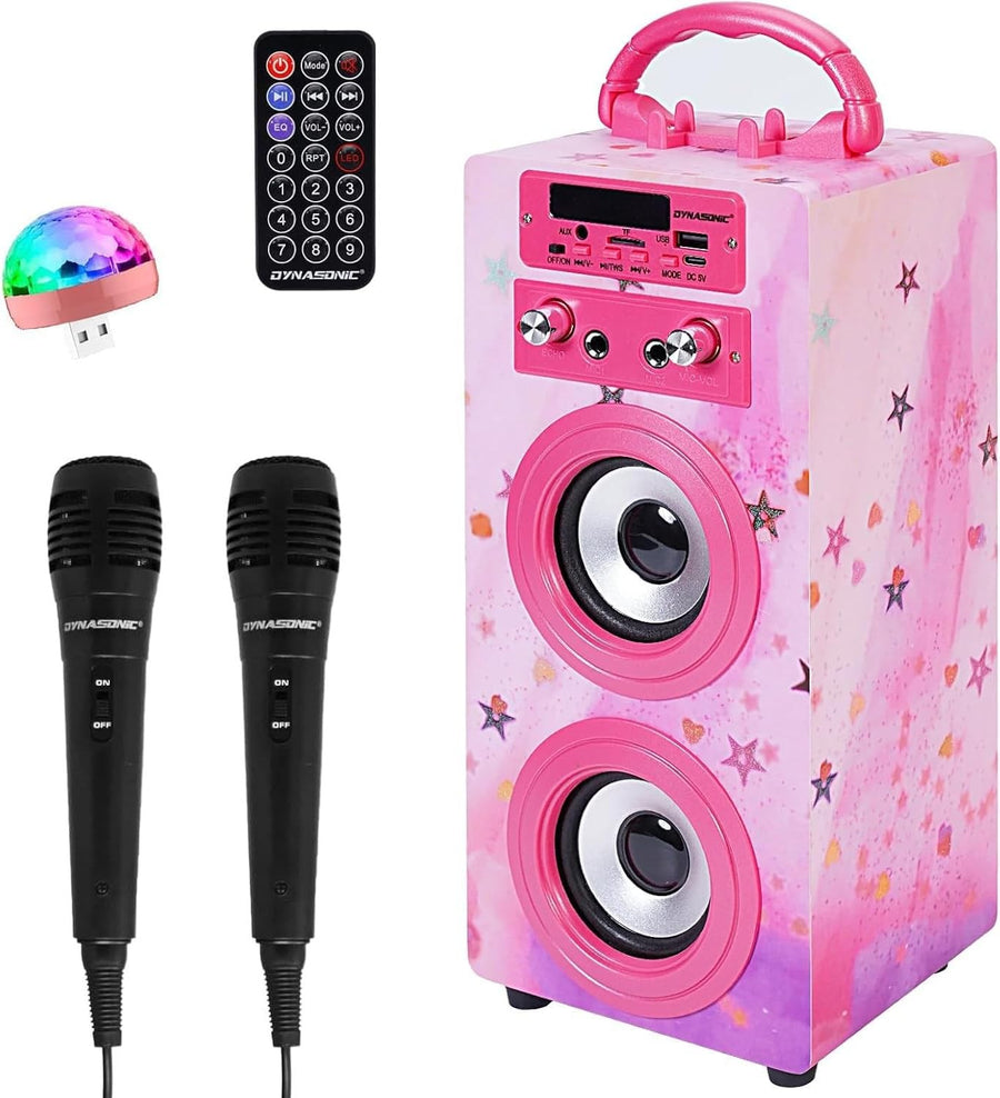 DYNASONIC Karaoke Machine Bluetooth 2 Mics LED Lights Kids Teens