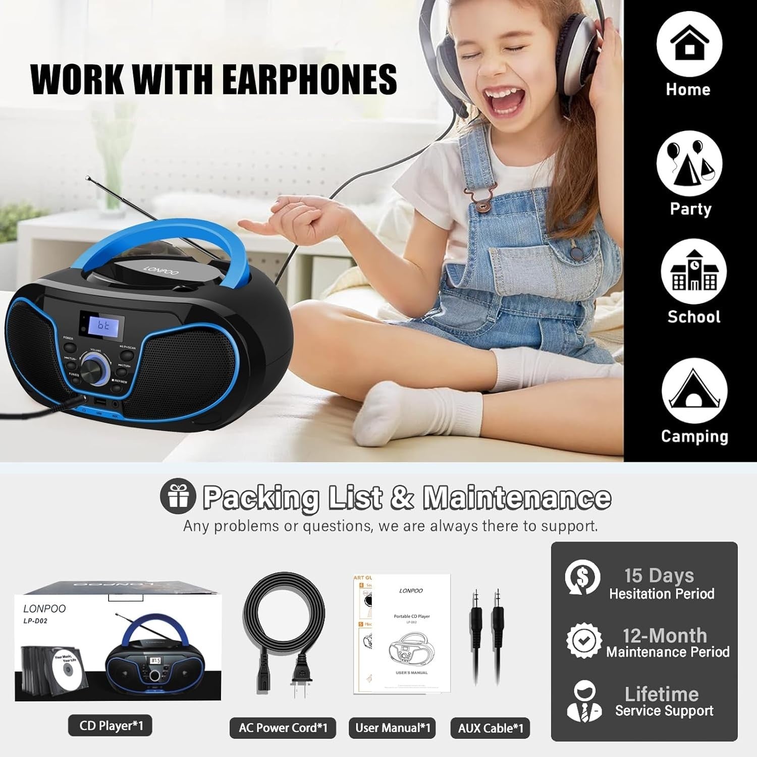 Portable Boombox CD Player Bluetooth FM Radio USB AUX Stereo Blue