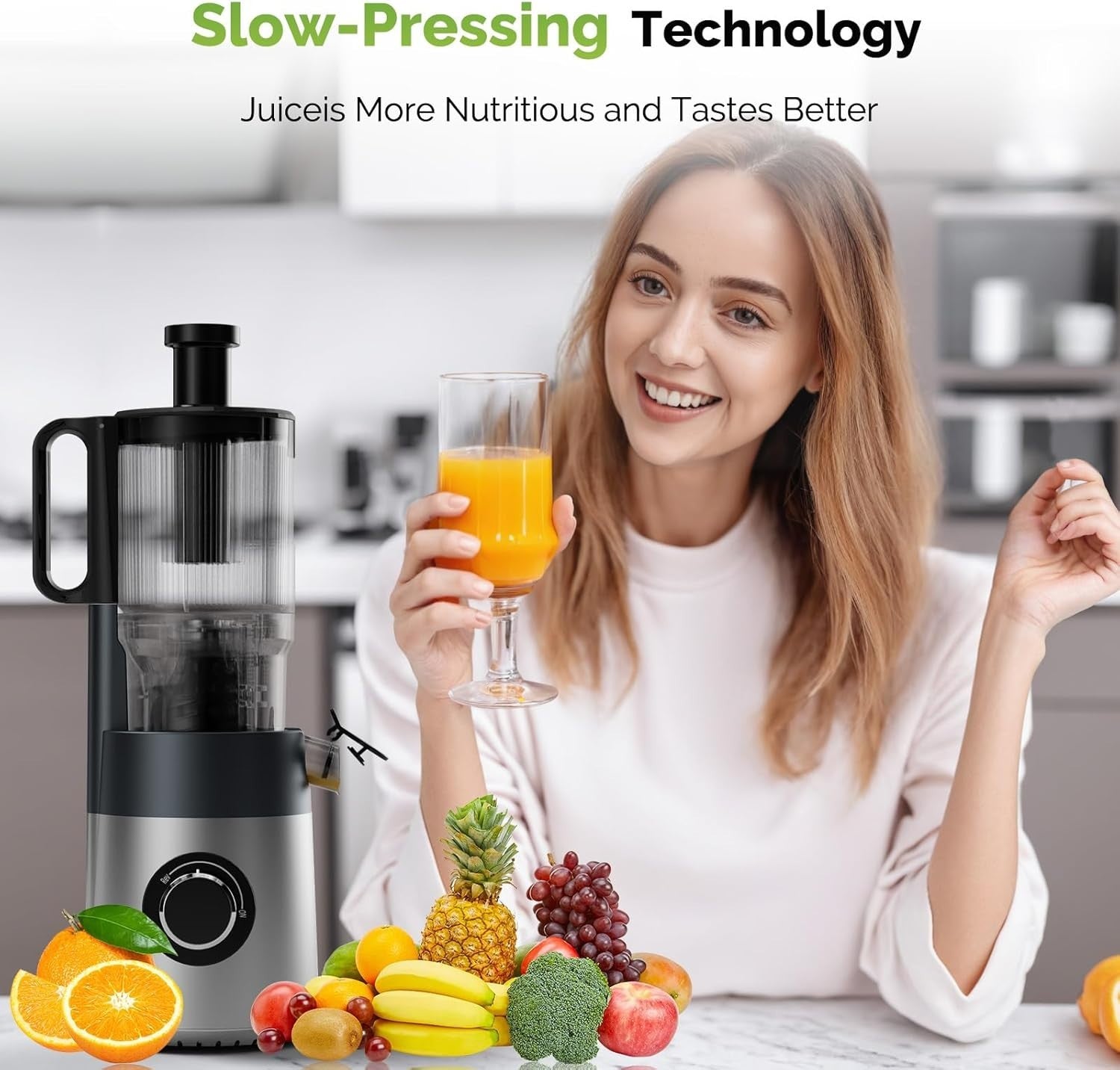 Cold Press Juicer Whole Fruit 5in Feed Chute High Juice Yield Easy Clean