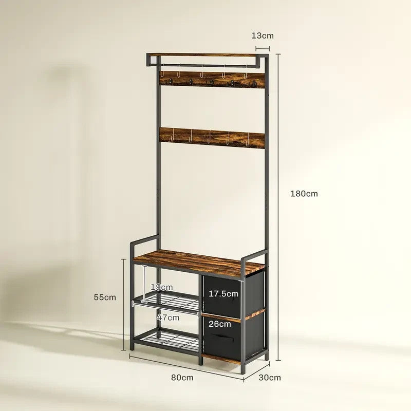 Rustic Coat Rack Bench with Hooks & Drawers – Hallway Storage Stand