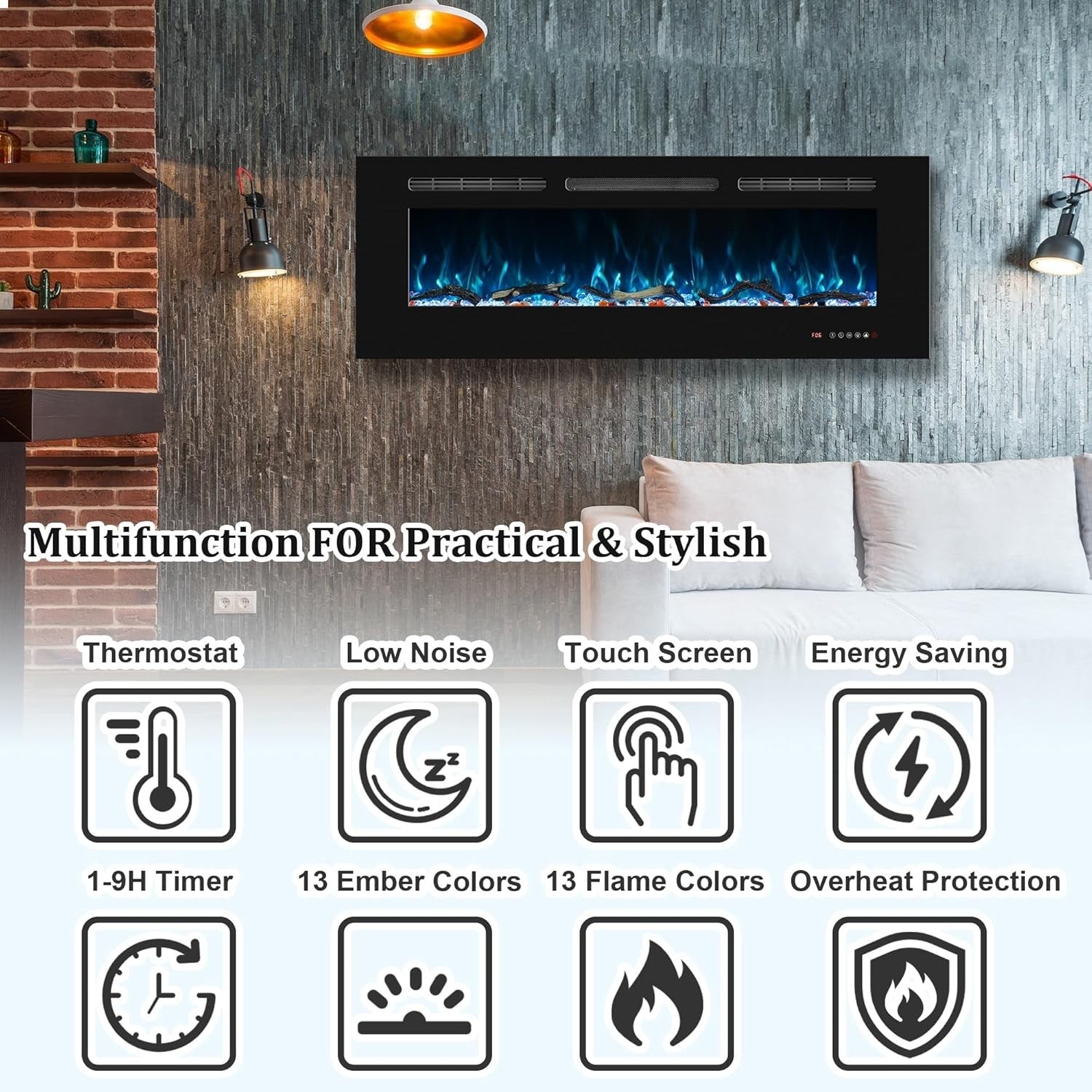 60” Wall Mounted Electric Fireplace Heater LED Flame, Remote & Timer