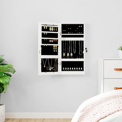 Compact LED Wall Jewelry Cabinet Frameless Mirror Lockable Storage White