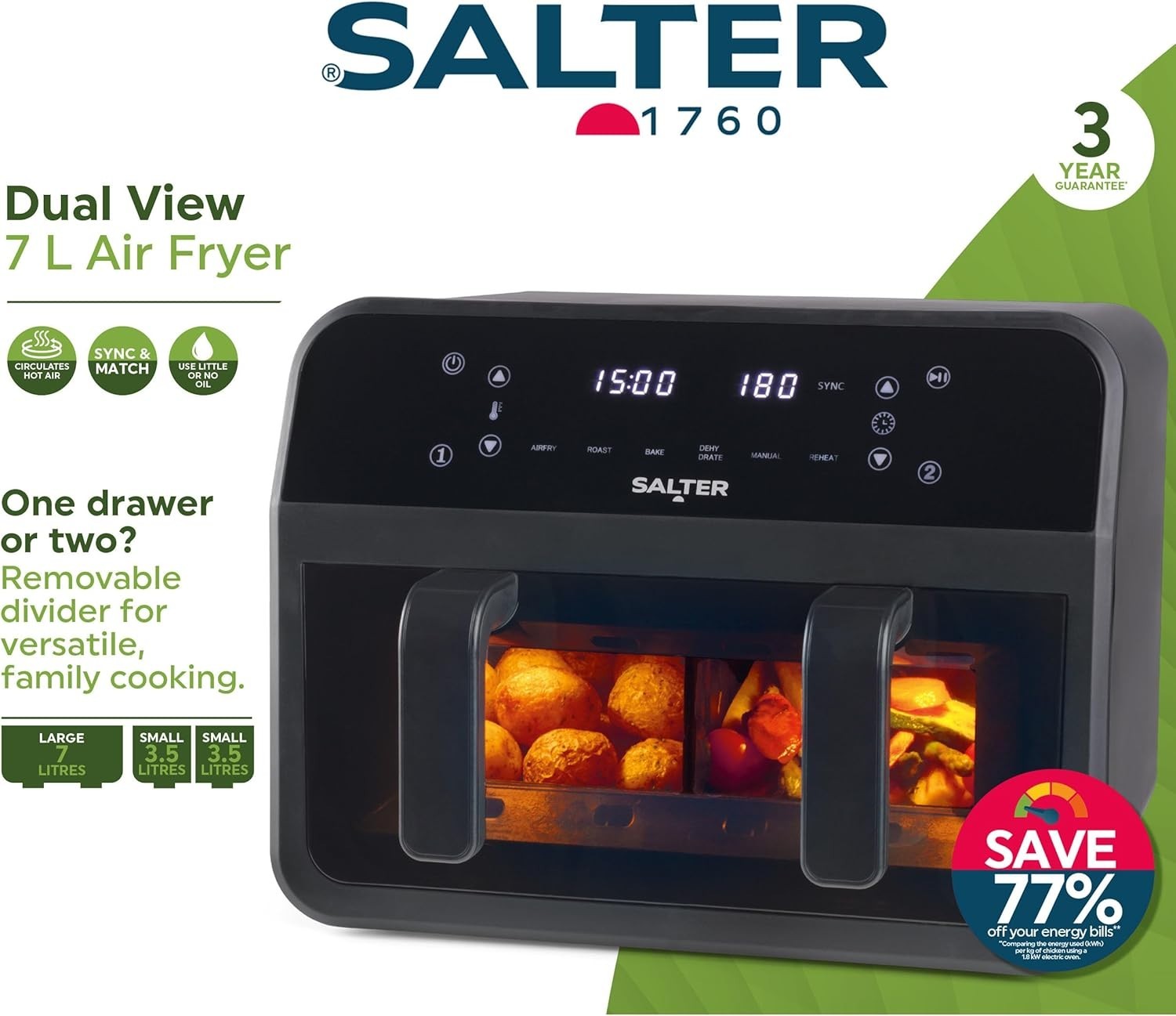 Dual View Air Fryer 7L | Divider Tray, Window, 6-in-1 Functions LED Touch, 2300w