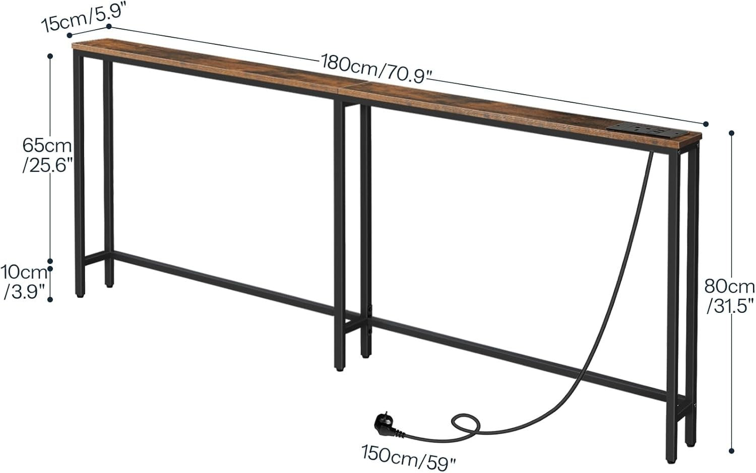 Slim Hallway Console Table with USB Charging, Narrow 180cm, Rustic Brown