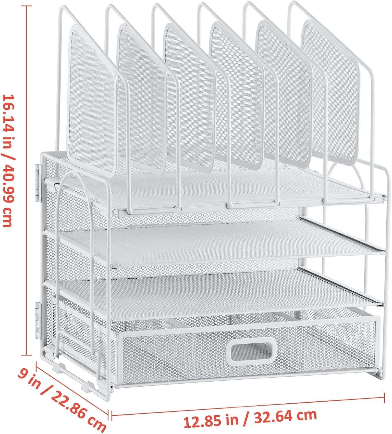 4-Tier Desk Organizer Tray with Drawer, 5 Vertical File and Pen Holders