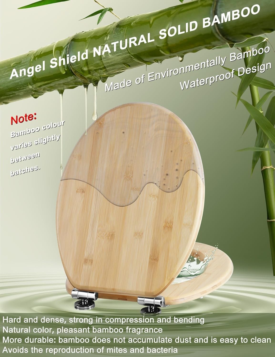Bamboo Toilet Seat Soft Close O Shape Quick Release Adjustable Top Fix 45x37cm