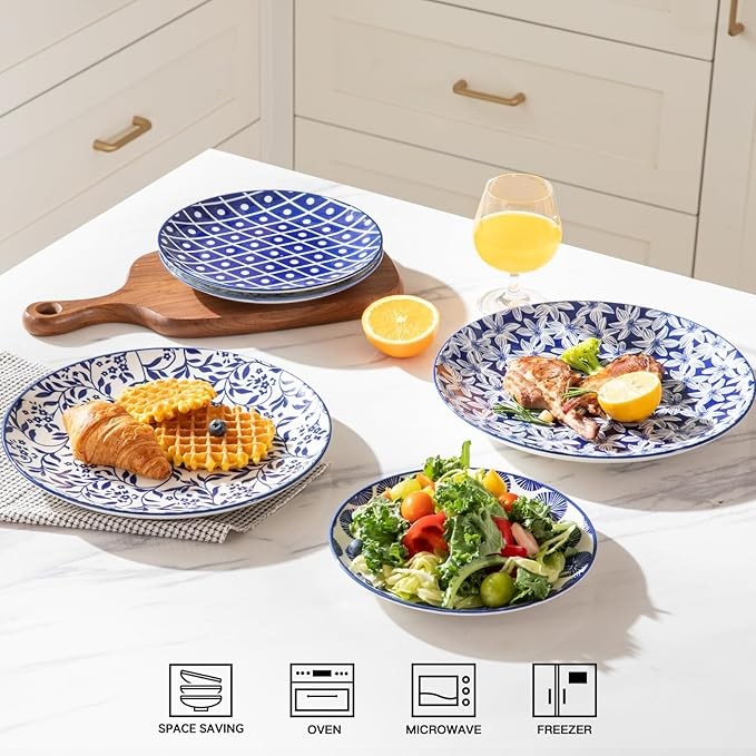 6pc Blue Pattern Porcelain Plates Set 8 Inch Dessert Salad Microwave Safe