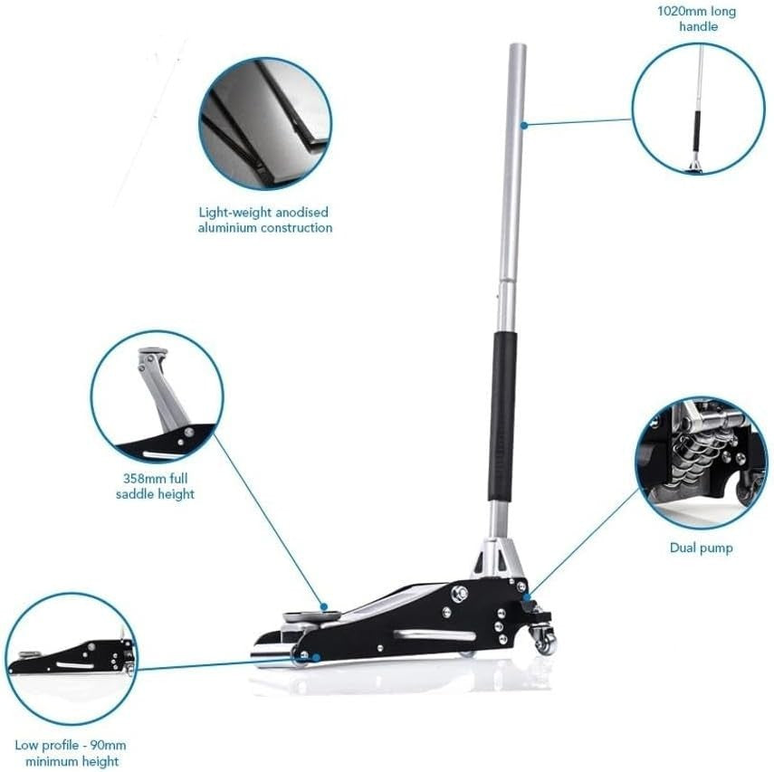 1.5 Ton Aluminium Trolley Jack Lightweight Low Profile Car Lift 90mm Entry