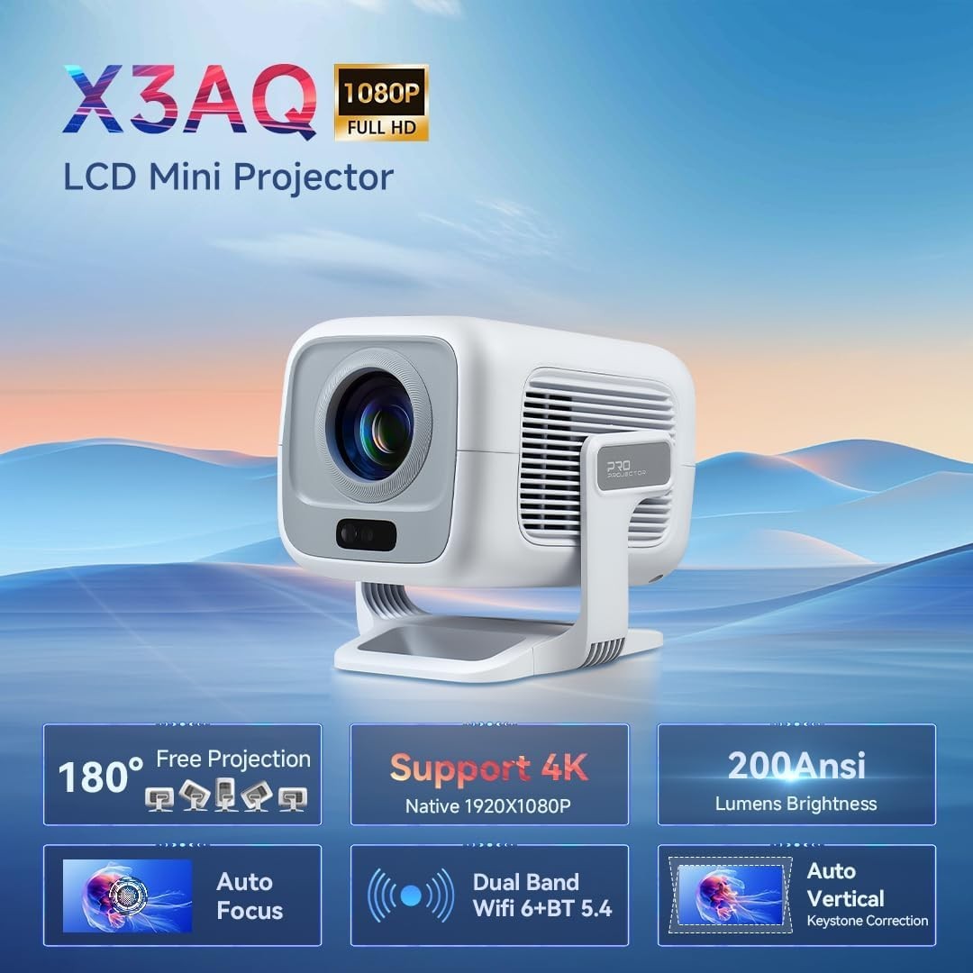 Mini 1080P Smart Projector 4K WiFi 6 Bluetooth Auto Focus 180°