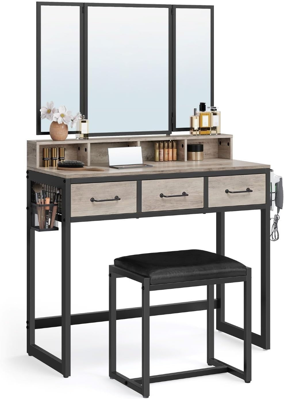Vanity Dressing Table Set w/ Tri-Fold Mirror, 3 Drawers, Stool, Storage Rustic B