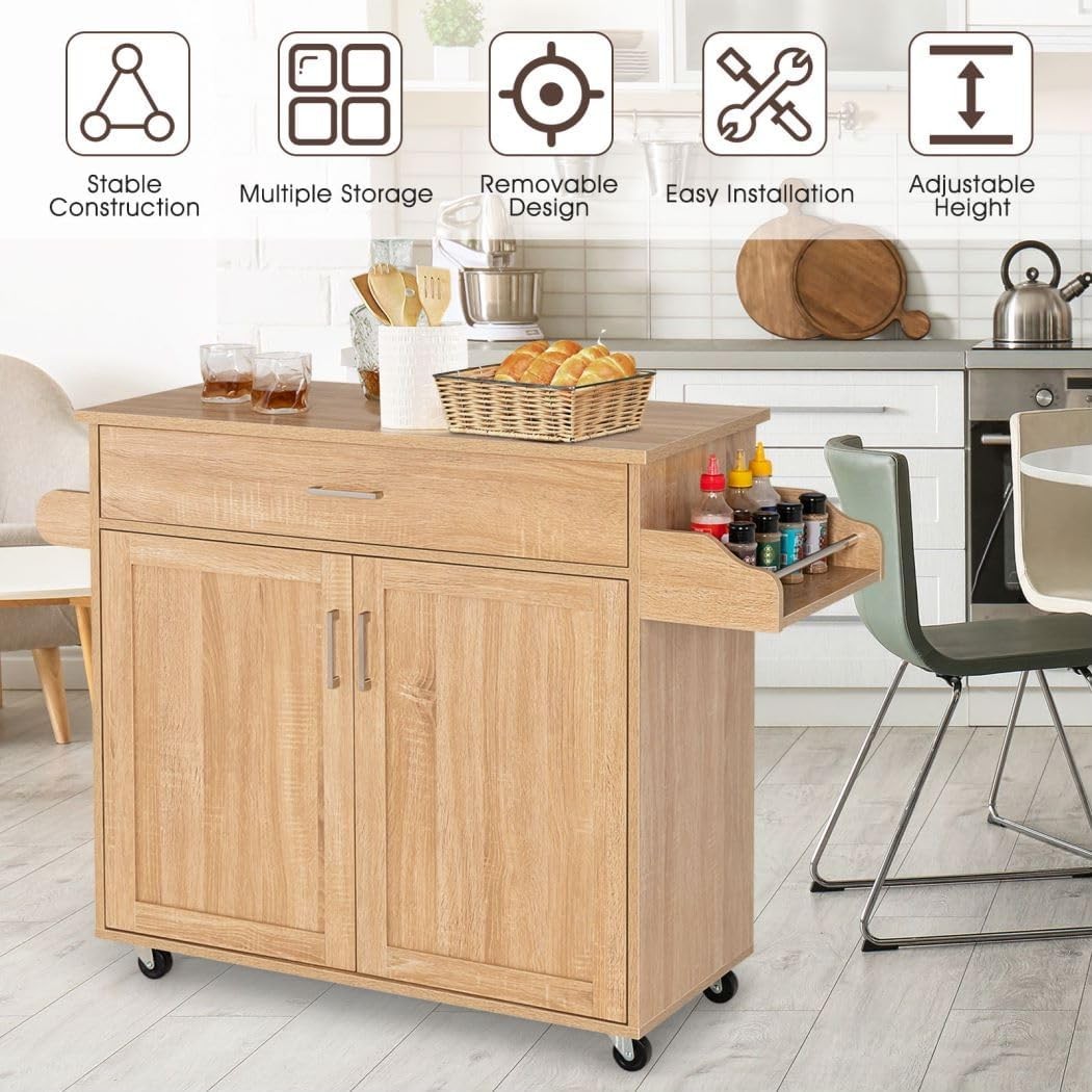 Kitchen Island Trolley on Wheels Storage Cabinet Drawer Wood Worktop