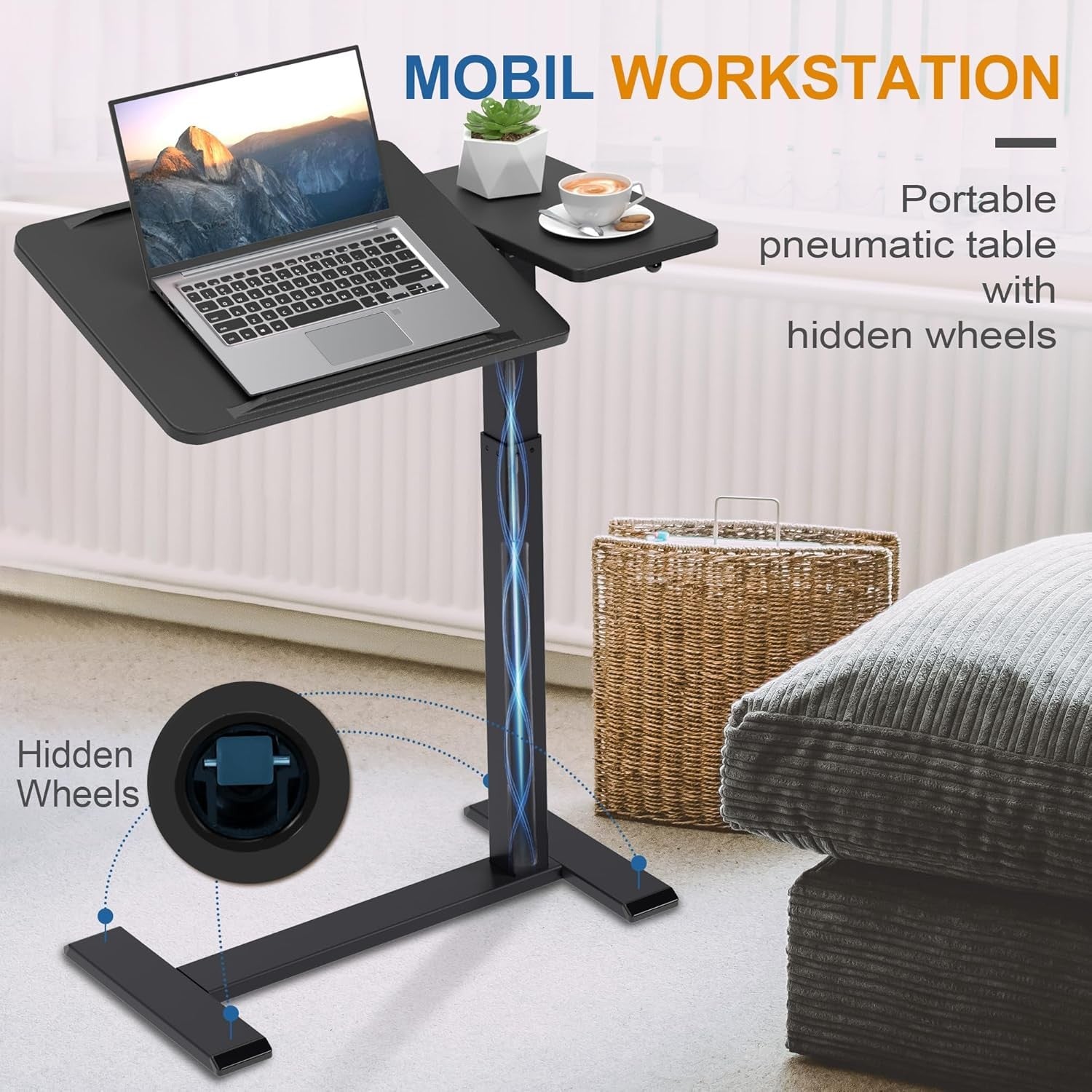 Black Overbed Laptop Table Adjustable Height Tilt Top Rolling Bedside Desk