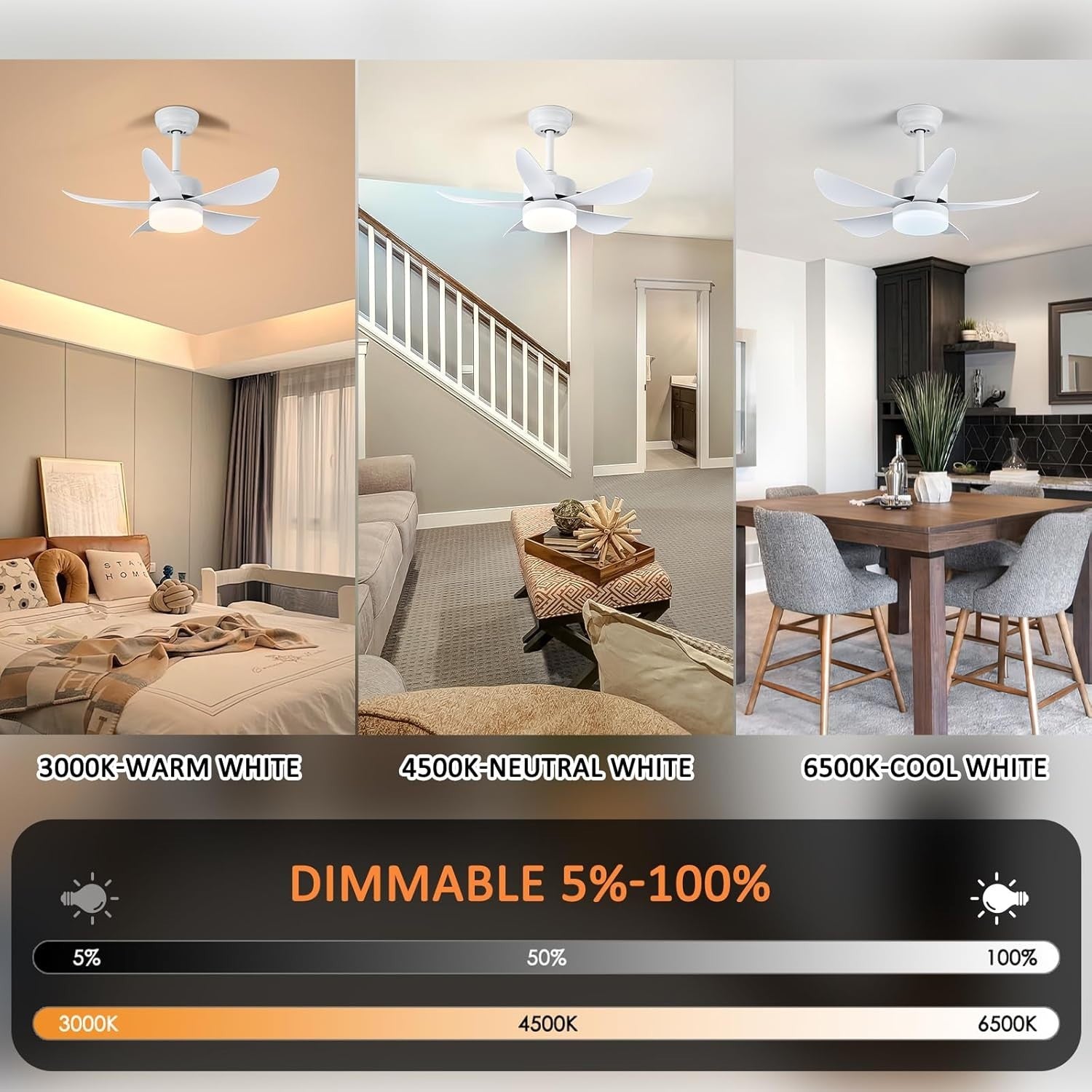 30" Ceiling Fan Light, 6 Speeds, Dimmable LED, Reversible, Quiet Smart Remote