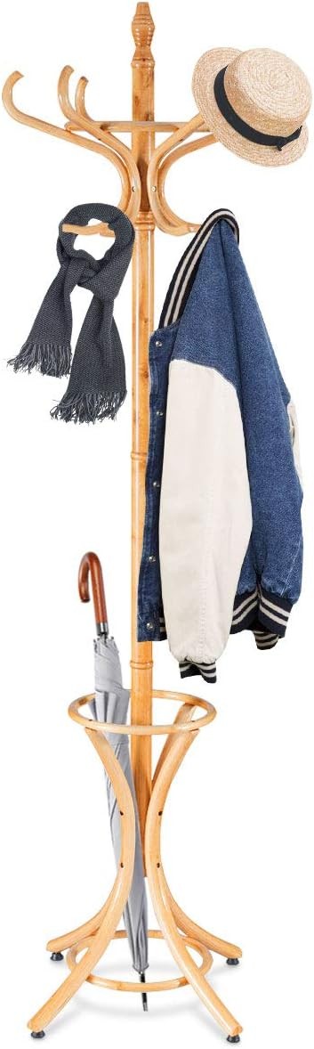 Multigot Coat Rack, Wooden Hat Clothes Hall Tree Hanger with Umbrella Holder and