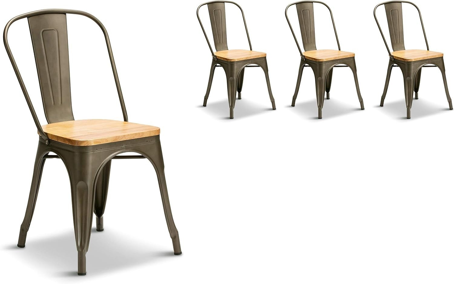 Set of 4 Industrial Stackable Dining Chairs Metal Frame Wood Seat