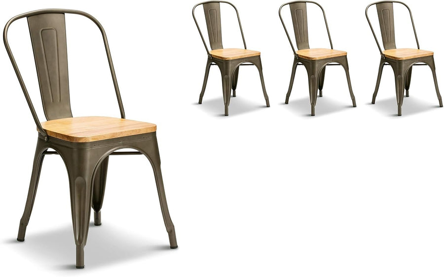 Set of 4 Industrial Stackable Dining Chairs Metal Frame Wood Seat