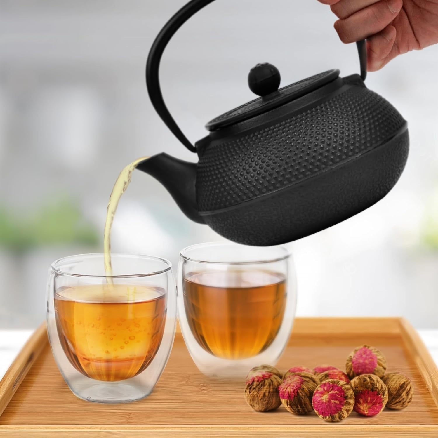 Cast Iron Teapot 650ml Chinese Tetsubin Tea Pot w Infuser Black Hobnail