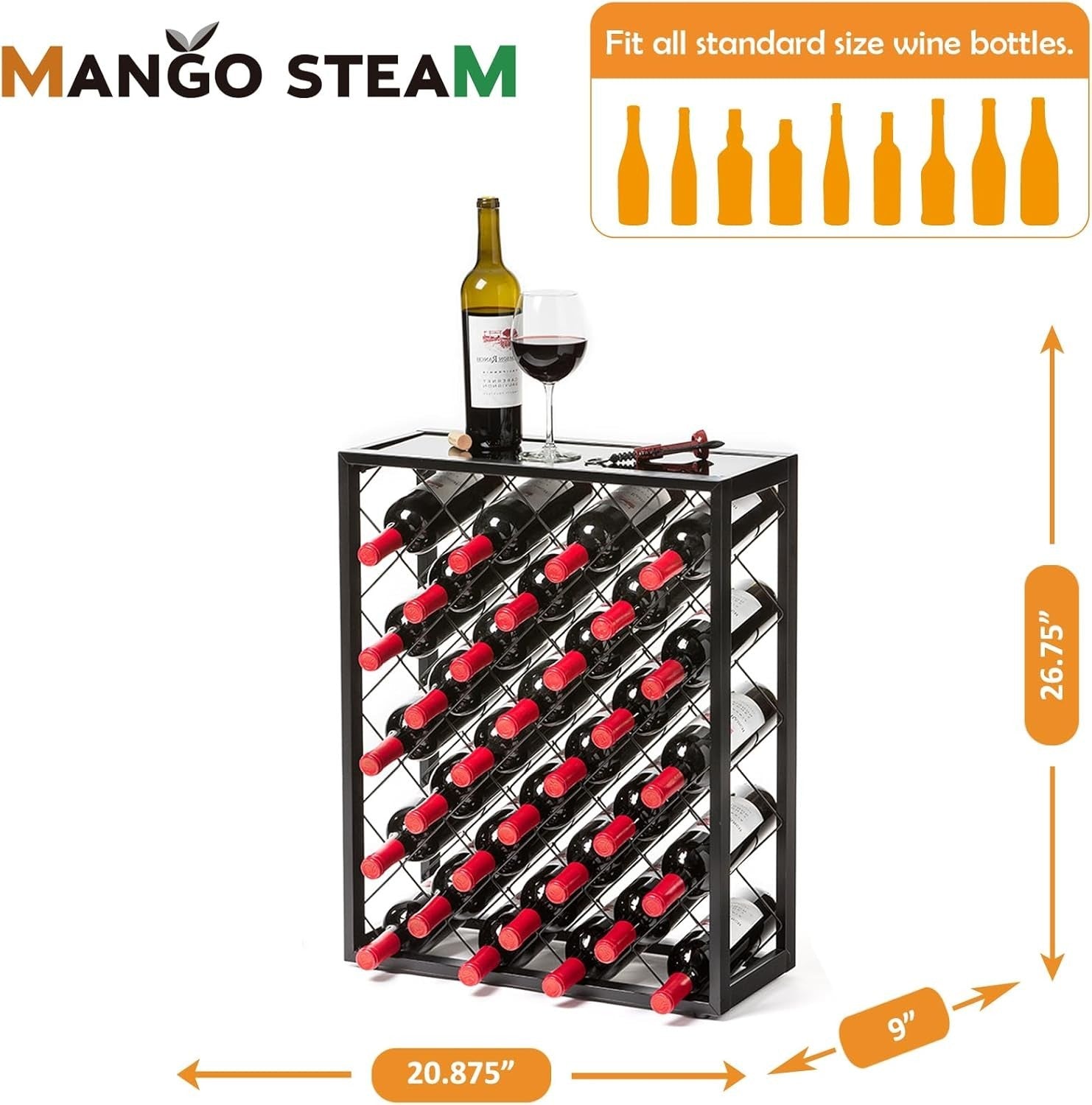 32 Bottle Metal Wine Rack with Glass Top Shelf Free Standing Black Kitchen Bar