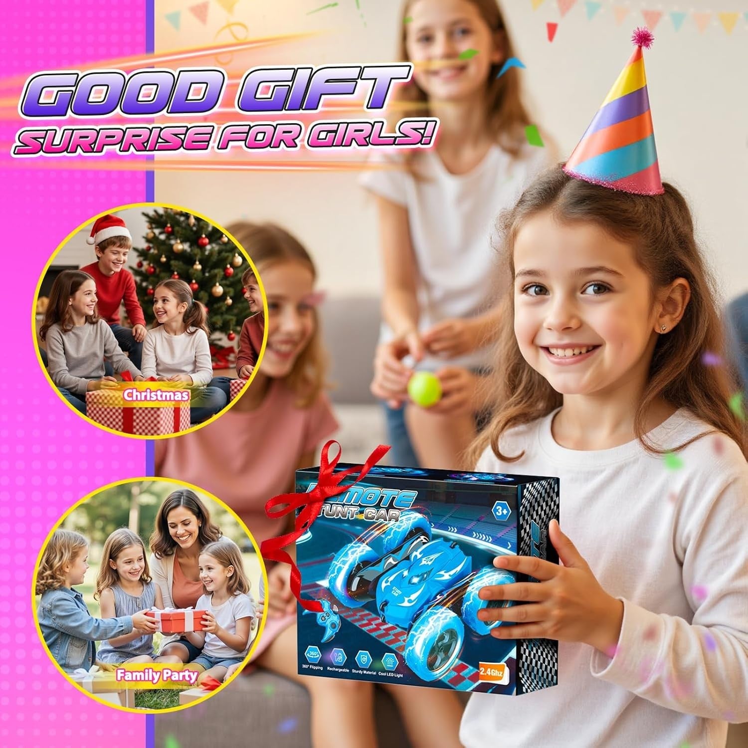 Pink RC Stunt Car 4WD 360° Flip LED Rechargeable Toy for Girls Age 3–9