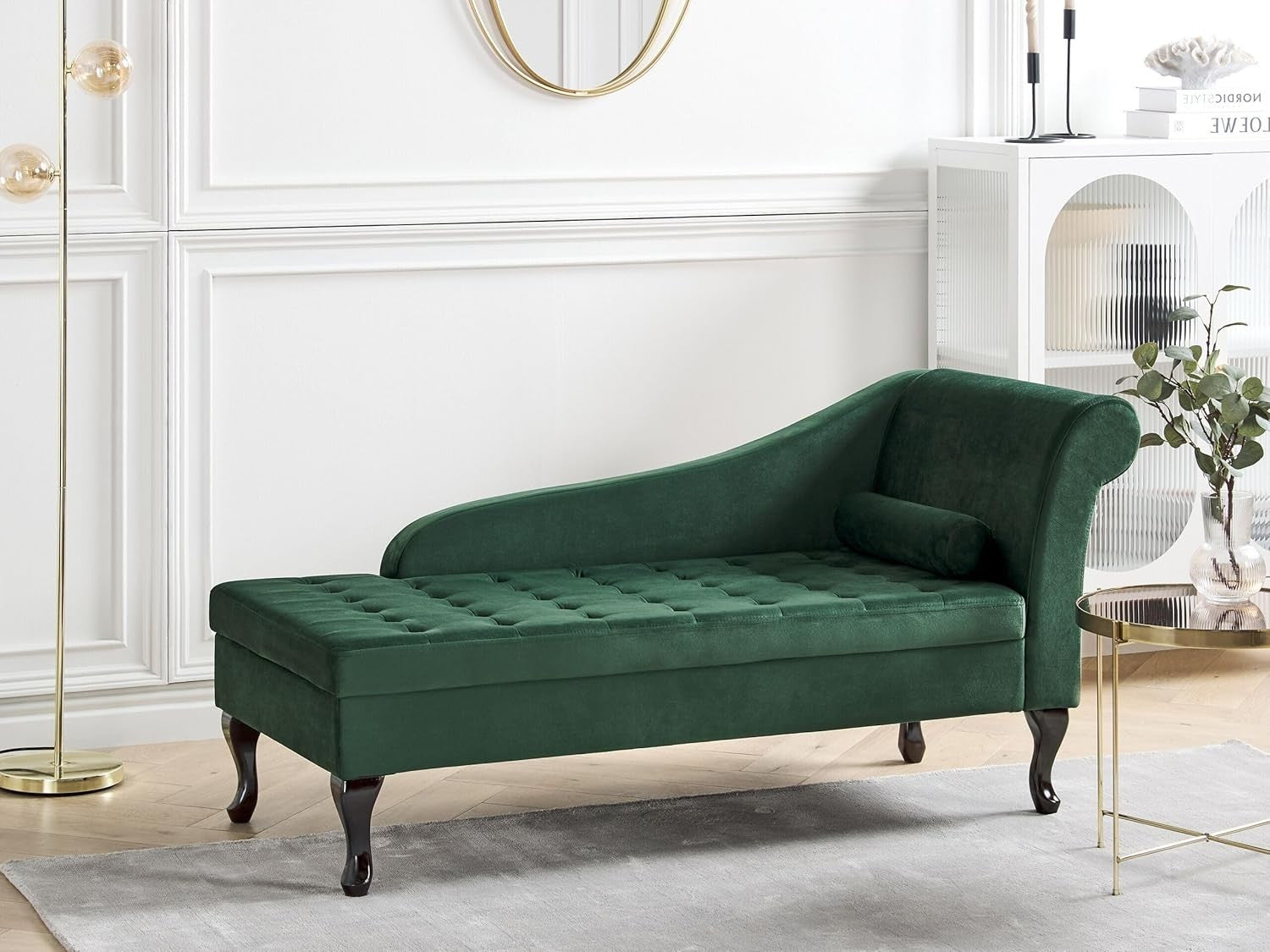 Velvet Right Hand Chaise Lounge with Storage & Cushion, Wooden Legs, Dark Green