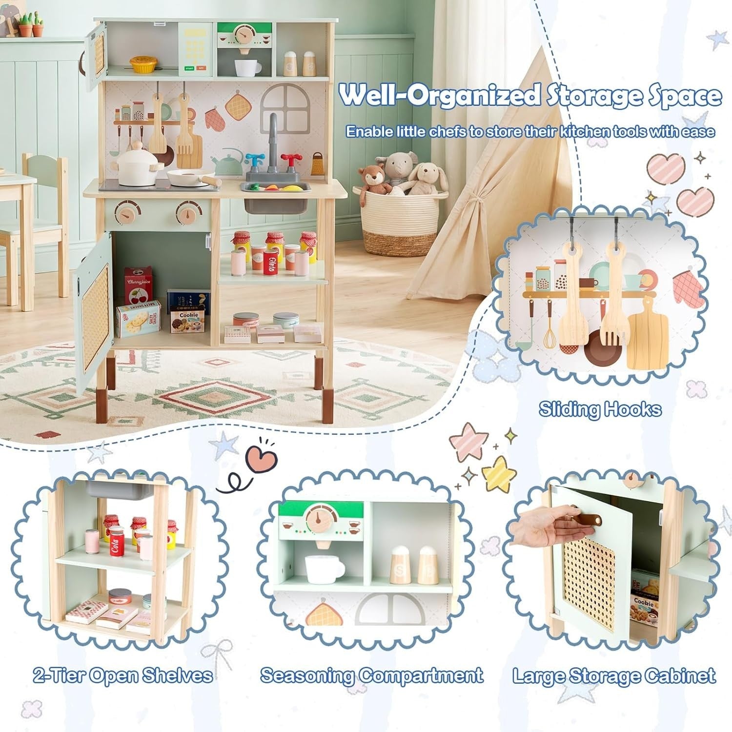 Wooden Kids Play Kitchen Green Toy Set Lights Sounds Blackboard