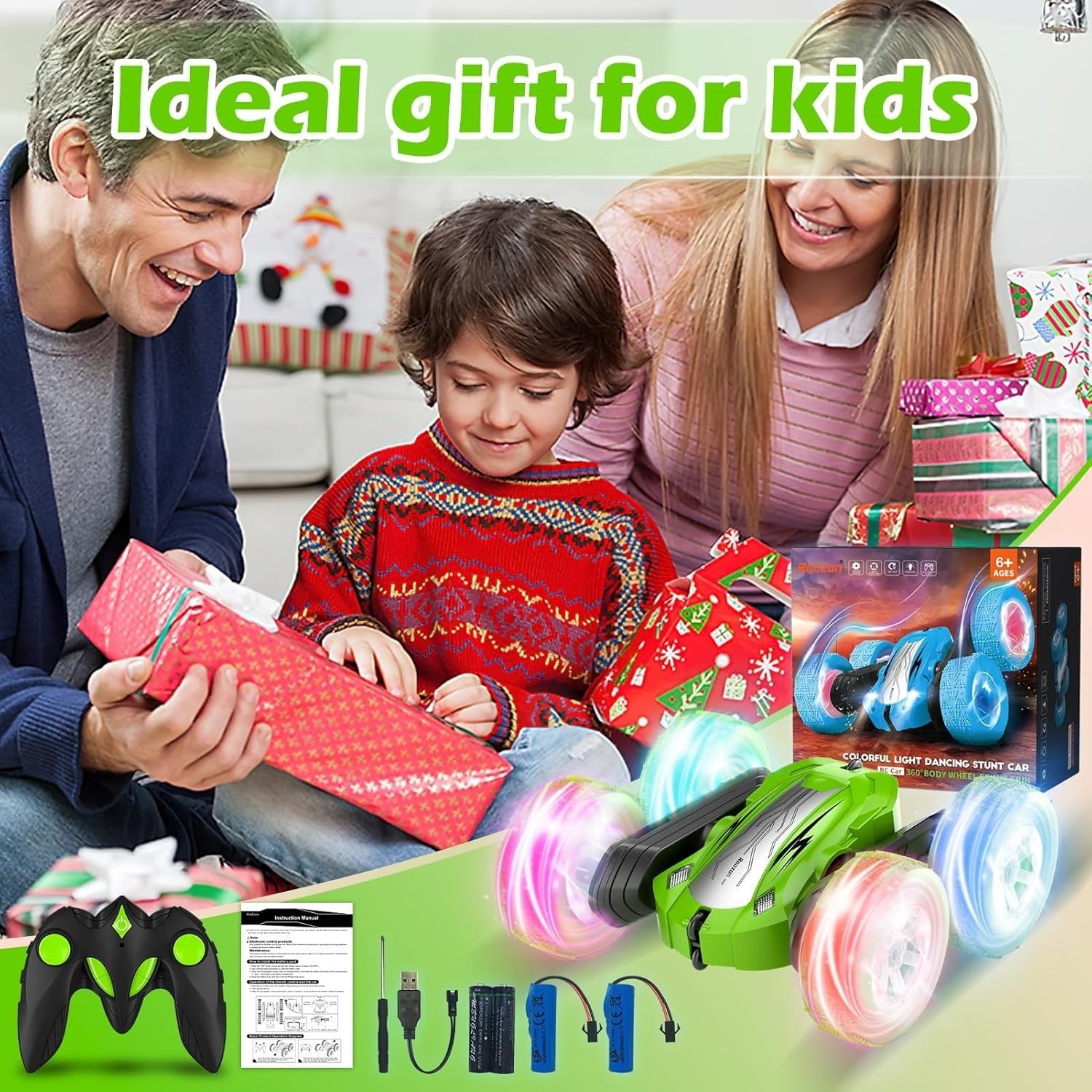 360° Flip RC Stunt Car Green LED Light Wheels 2 Batteries Remote Control Toy 6+