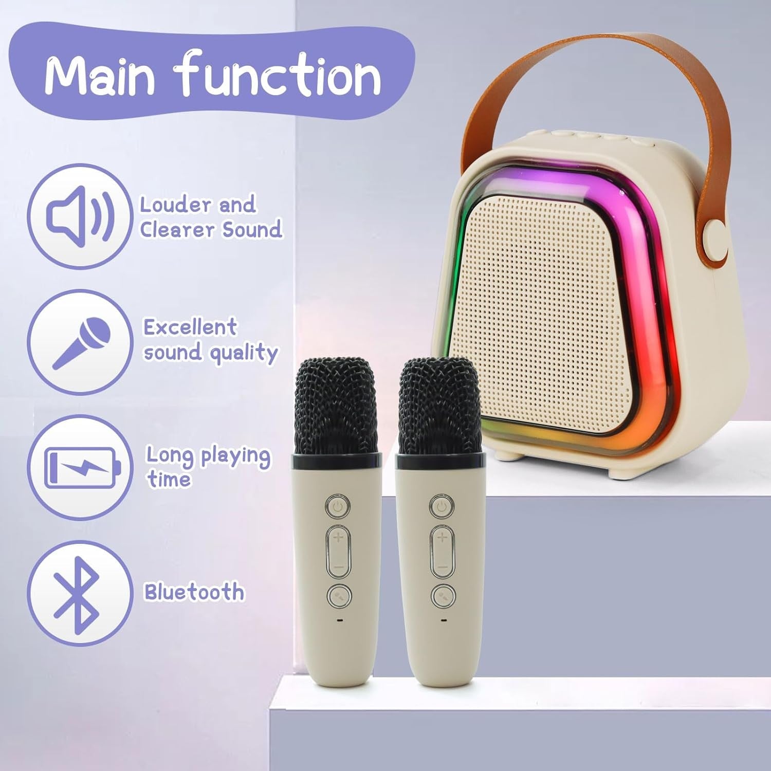 Mini Karaoke Machine Bluetooth Speaker 2 Wireless Mics LED Lights