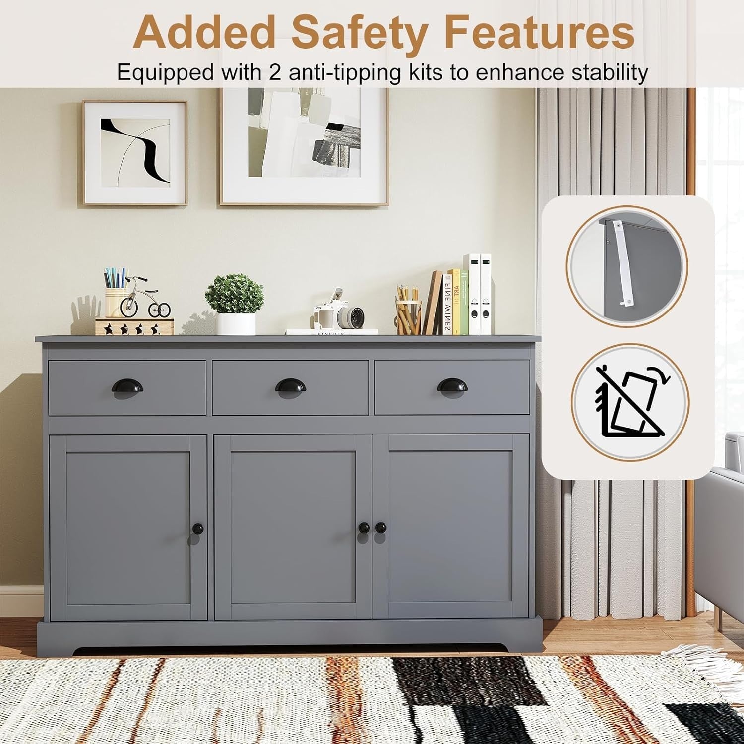 Grey Sideboard Storage Cabinet with Drawers & Adjustable Shelves Unit