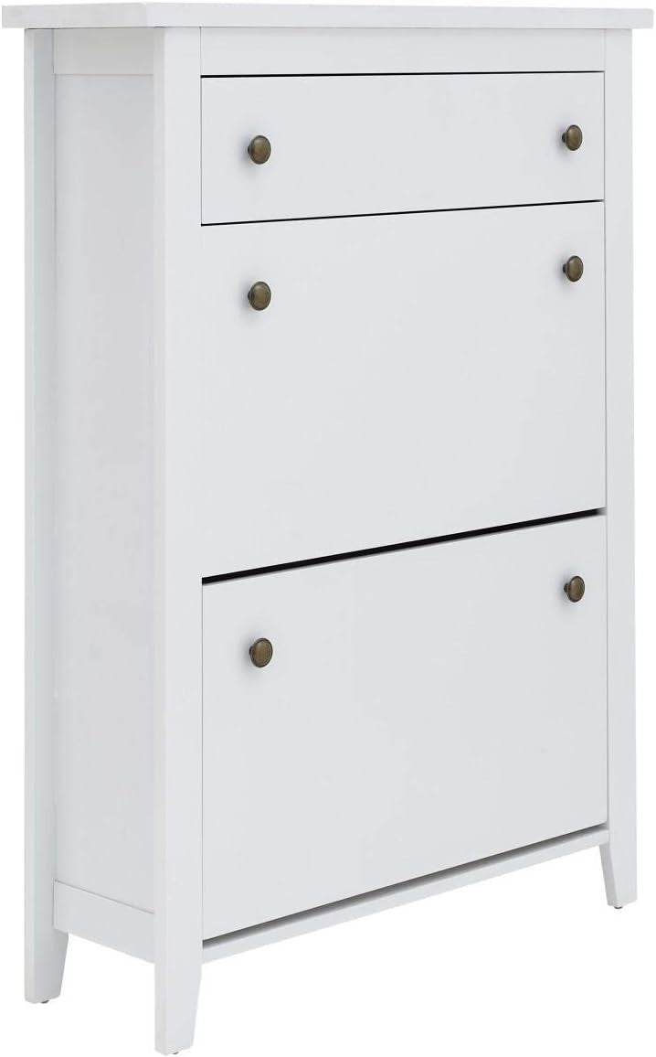 Deluxe White Shoe Cabinet with 2 Doors & 3 Drawers 73x24x108 cm
