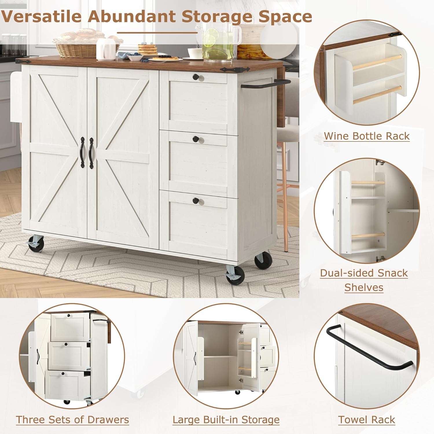 Kitchen Island Cart with Extendable Worktop, 2 Door Cabinet & 3 Drawers