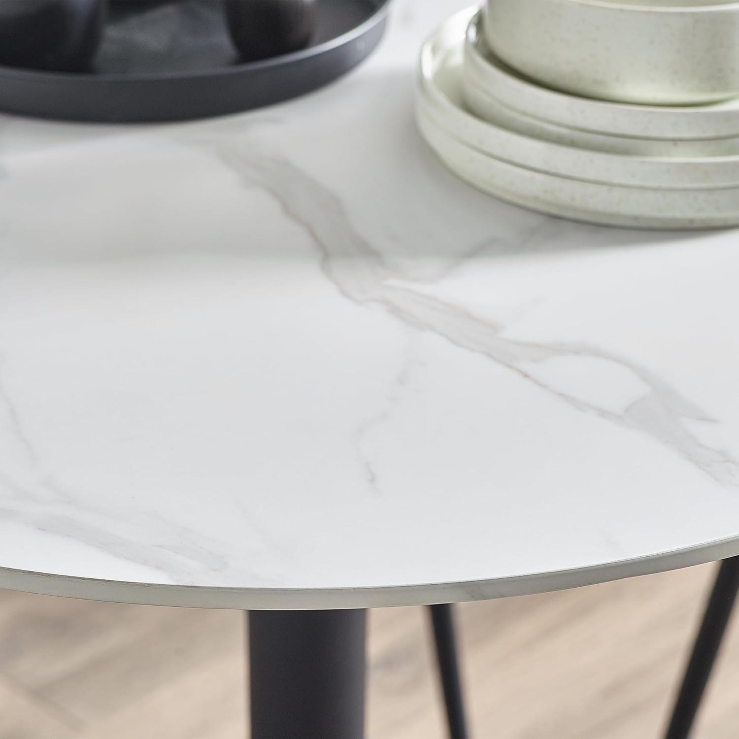 Round White Marble Dining Table with Black Metal Base – Compact & Durable