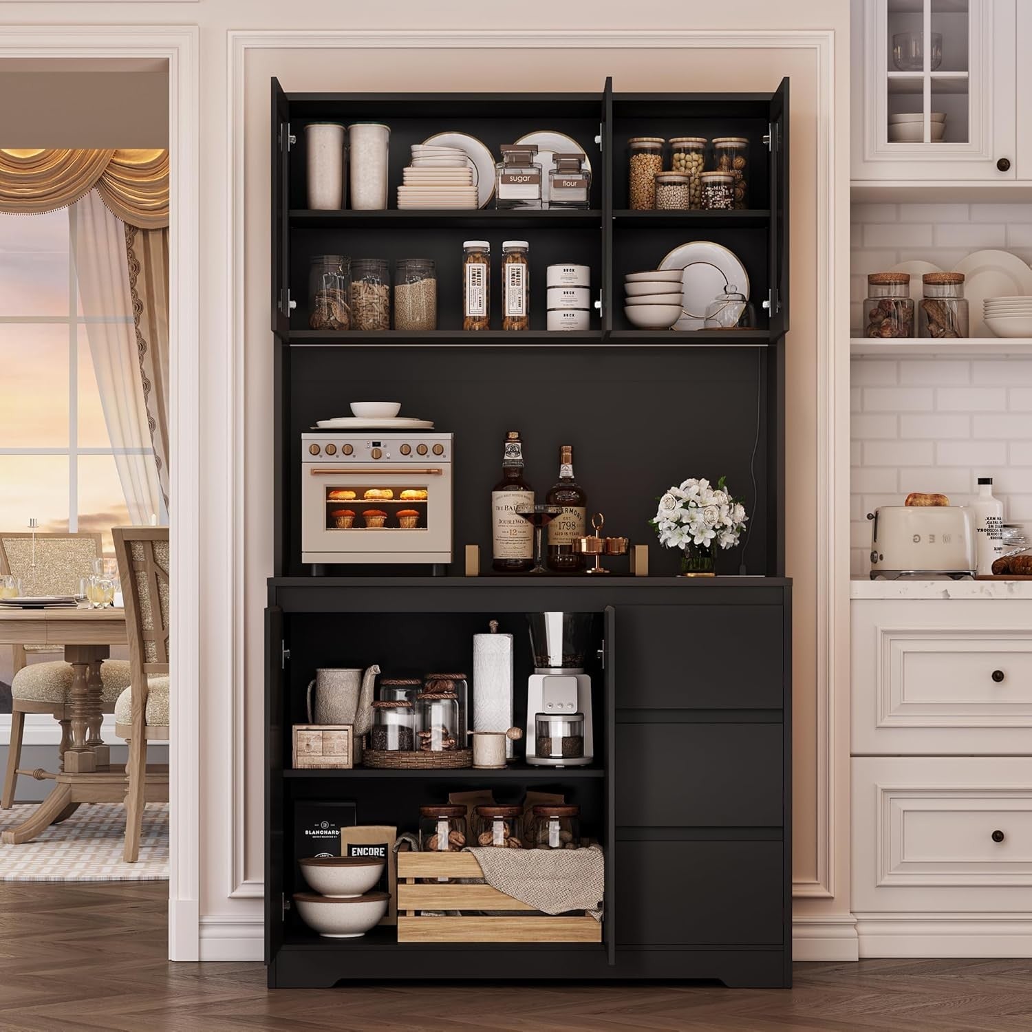 Tall Black Kitchen Cabinet with LED Lights, Drawers & Adjustable Shelves
