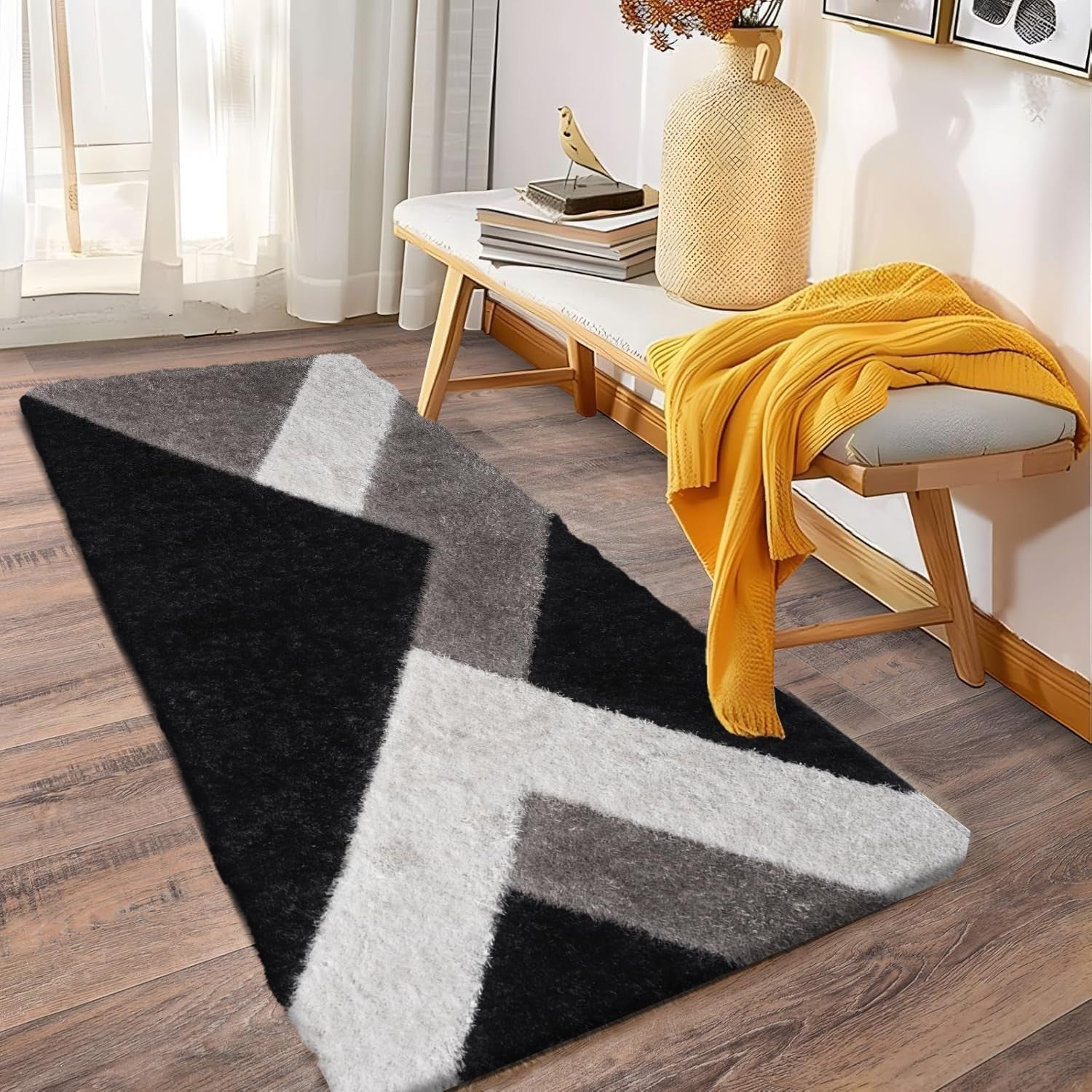 Black Grey Shaggy Rug 120x170cm Soft Non Shed Modern Living Room Carpet