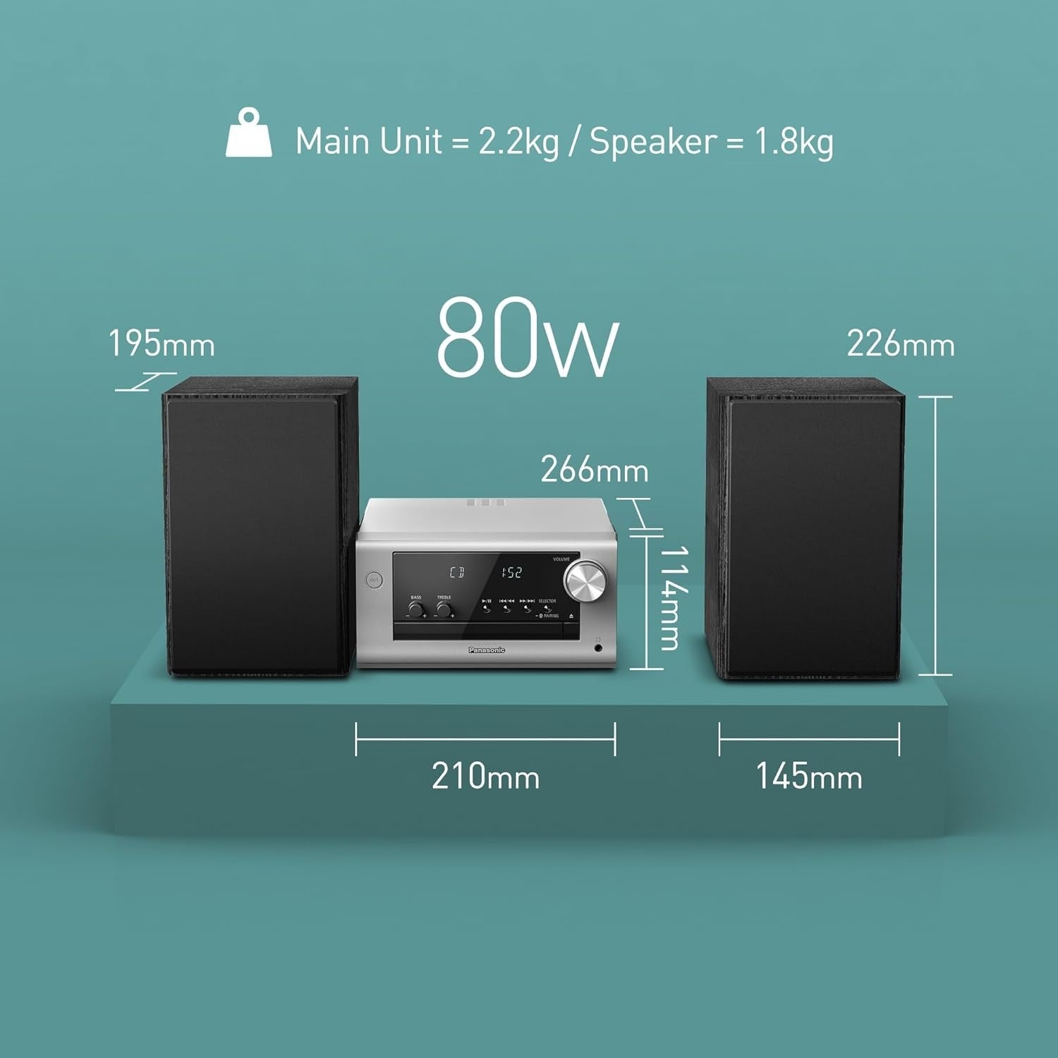 Compact Bluetooth HiFi Stereo System CD DAB FM Radio USB AUX 80W Speakers