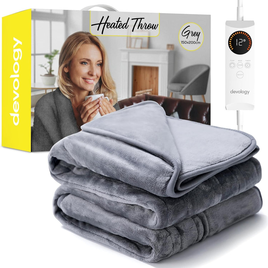 Electric Heated Throw Blanket Double 150x200cm Timer Washable Fleece Grey