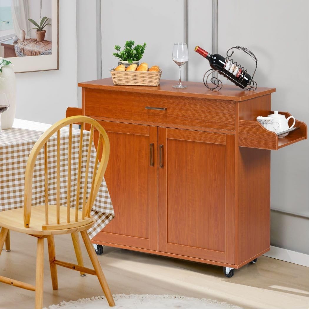 116cm Rolling Kitchen Cabinet Cart Drawer Brown