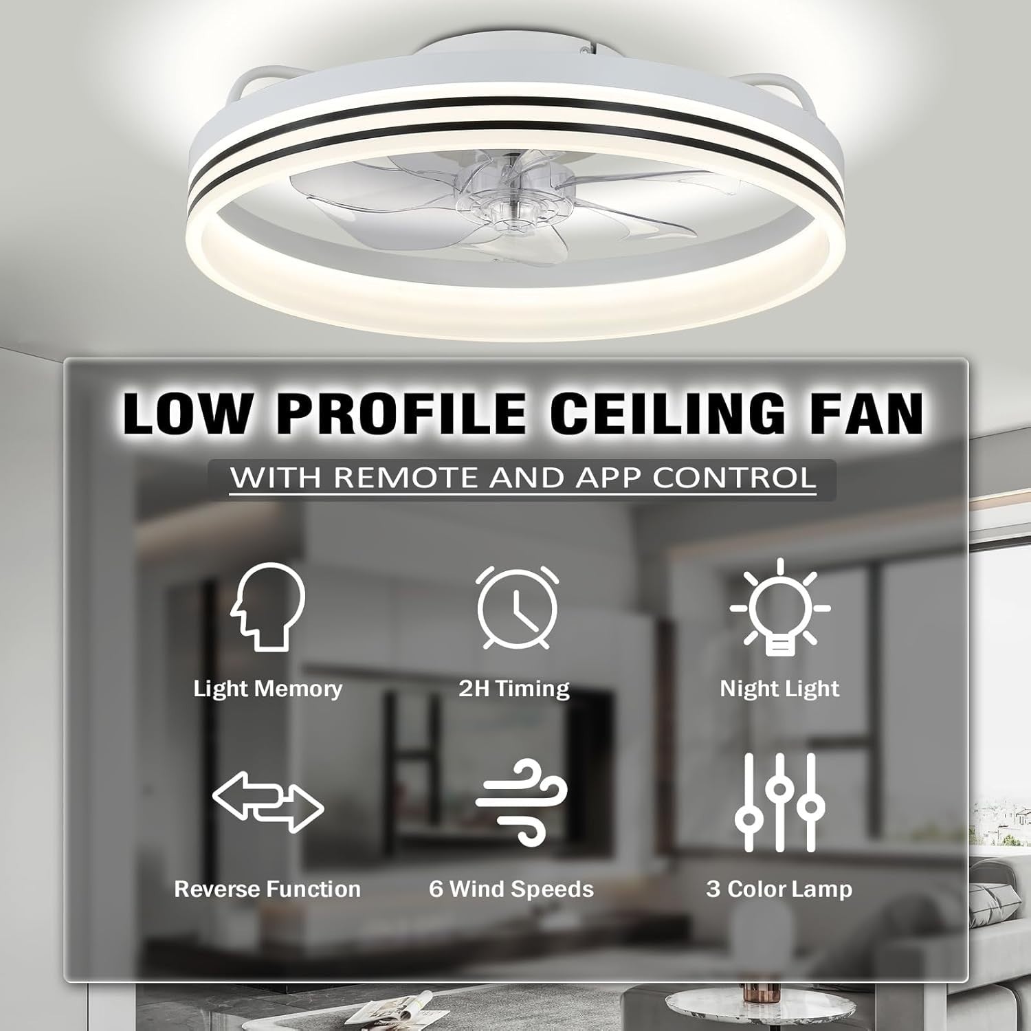Ceiling Fan with Light, 6 Speeds, Dimmable, Reversible, 20" White